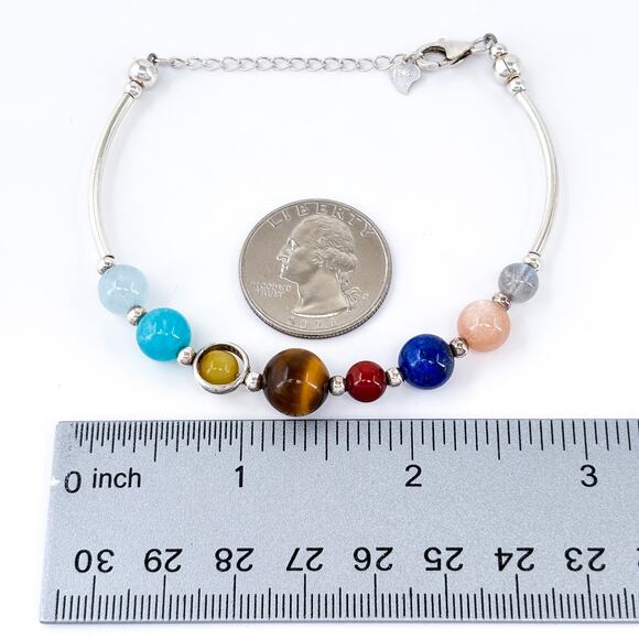 Sterling Silver Solar System Bracelet | Planet Gemstone Beaded Jewelry 7”-8.5” - Picture 4 of 6